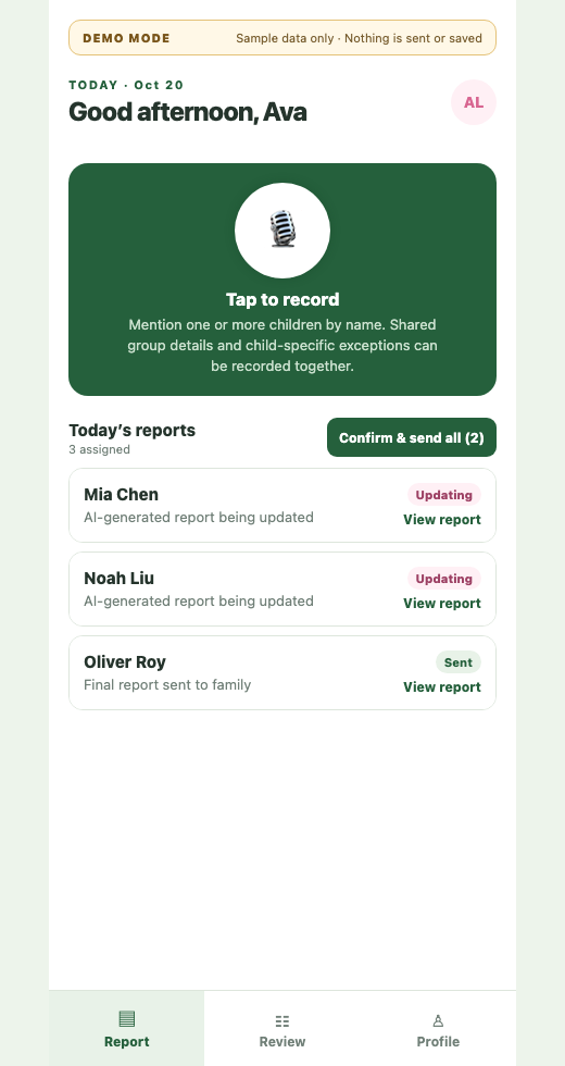Care Report teacher app showing voice recording and children’s report status